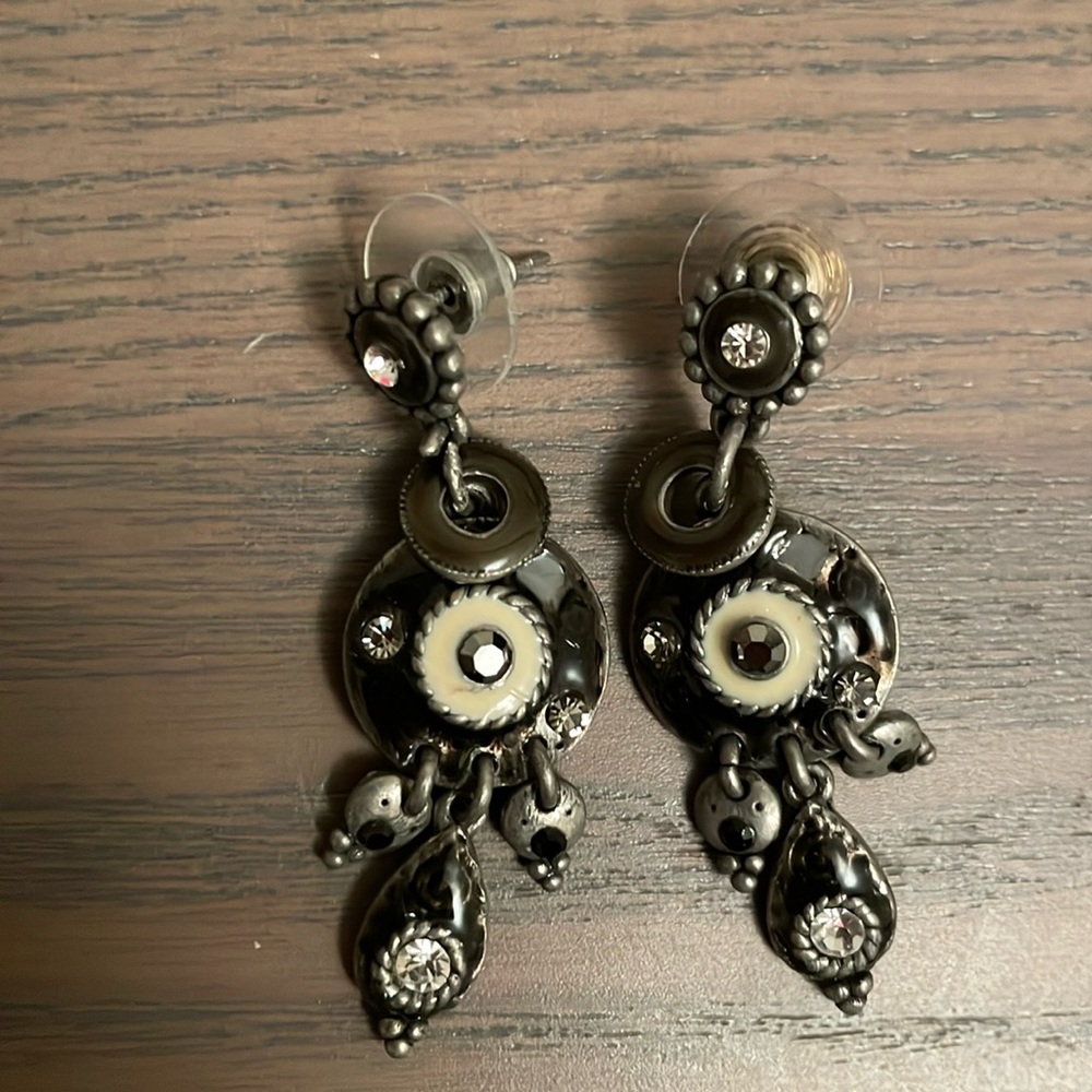 Earrings- pierced with backings. Black, grey, white metal with stones.